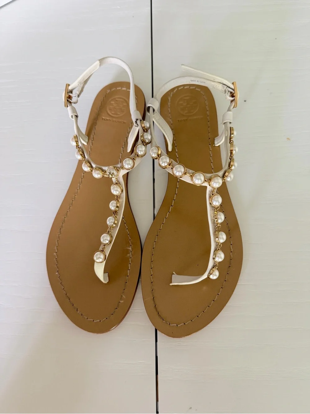 Tory Burch Emma Sandals-White Pearl-Embellished T-Strap Sandals